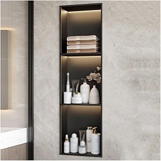 wasserdichte Duschablage aus Edelstahl mit LED-Beleuchtung, kein Fliesen erforderlich, Wandnische für Badezimmeraufbewahrung, Schwarz, 90 x 28 x 12,5 cm – Modernes Design