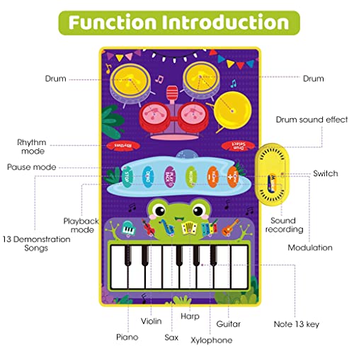 Image of PATPAT Musical Mat for Kids 31.4x19.6 inch 2 in 1 Baby Piano Play Mat & Drum Musical Mat for Kids Musical Toys with 2 Drum Sticks Early Educational Toys Gifts for 1 /2 /3 /4 /5 /6 Year Old Boys Girls