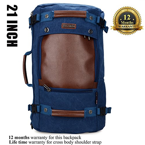 WITZMAN Men Travel Backpack Canvas Rucksack Vintage Duffel Bag A2021 (21 INCH Blue)
