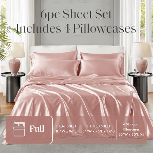 Image of Madison Park Essentials Satin Sheets Full Size Bed Set, 6 Piece, Blush | Luxury and Smooth Silky Bedding with Natural Sheen, All Around Elastic 14 inch Pocket fits up to 16 inch Mattress, Year-Round Cozy