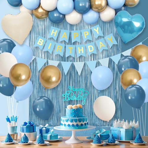 Image of Blue Birthday Decorations, Dusty Blue White Sand Gold Birthday Balloons Set