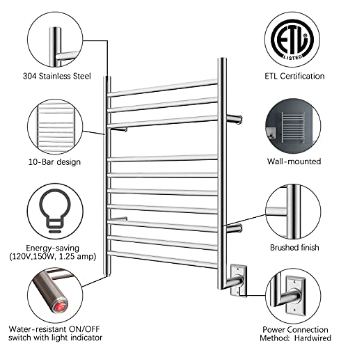 Heatgene HG-R6466S Towel Warmer Wall-Mounted Hardwired Heated Towel Rack Hot Towel Bar Brushed thumb #2