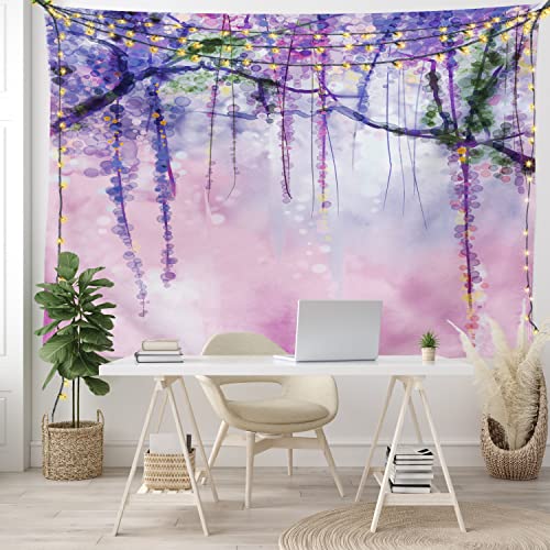 Ambesonne Watercolor Flower Tapestry, Wisteria Flowers On Blurred Background With Dreamy Colors, Wide Wall Hanging For Bedroom Living Room Dorm, 60" X 40", Purple Pink #TOP5