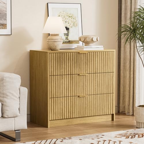 Image of Furniway 31.5 inch Large Nightstand with 3 Drawers, Fluted Bedside Table, Modern Tall End Table with Storage, Wood Night Stand Organizer Cabinet for Bedroom, Natural Oak