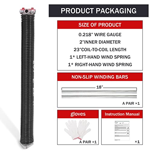 ARKANTOS Garage Door Torsion Springs 2\"(Pair), High Quality Electrophoresis Spring with Winding Bars +Anti-Slip Gloves, Minimum 16,000 Cycles of Spring for Doors Replacement(0.218X2\'\'X23\'\')