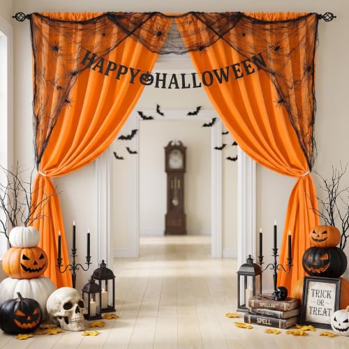 Image of Orange Backdrop Curtains 20ftx8ft Halloween Polyester Photo Drapes | Soft Wrinkle Free Backdrop Drapes with Rod Pocket for Parties Fall Events Autumn and Vibrant Photography 4 Panels 5ftx8ft