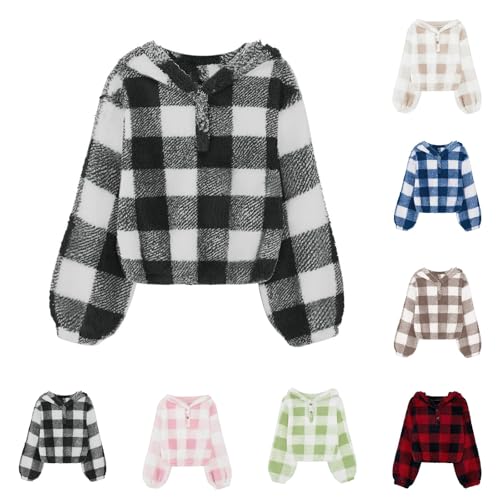 Kids Girls Fuzzy Buffalo Plaid Fleece Jackets Long Sleeve V Neck Button Down Sweatshirts Autumn Soft Warm Pullover Coats2