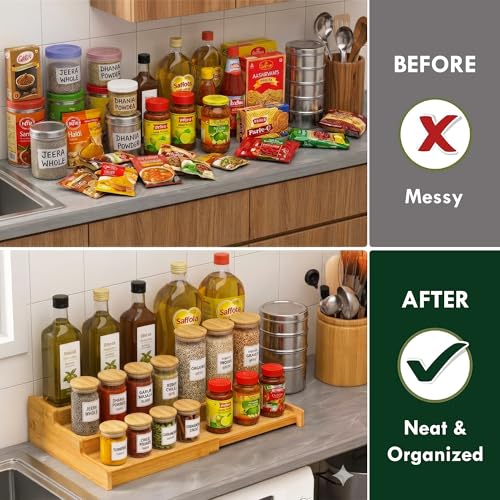 Image of Farmical 3-Tier Expandable Wooden Spice Rack Organizer for Kitchen (30-60cm) | Adjustable Step Shelf for Countertop & Cabinets | Multi-Purpose Masala Jar Storage Stand for Pantry & Cupboard