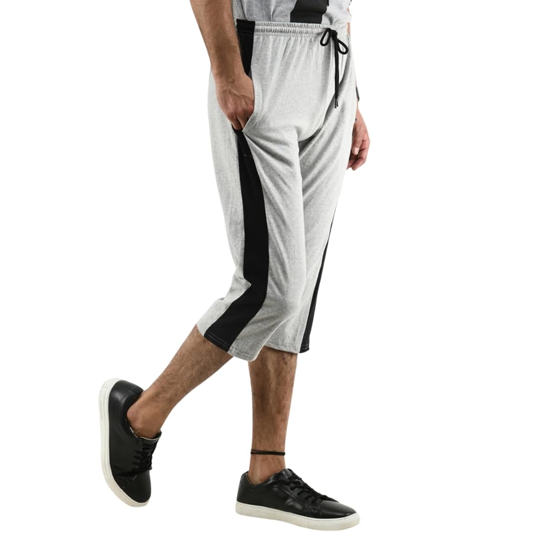 Men’s Cotton Capri Pants with Side Stripe, Dual Side Pockets and Adjustable Drawstring Waist – Comfortable Knee-Length Casual & Active Wear Grey-image-32