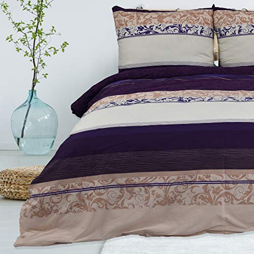 Buymax Bettwäsche 200x200 Baumwolle 3-Teilig Bettgarnitur mit Bettbezug und Kissenbezüge 80x80 Renforce Bettwäsche-Set Blumenranken Ornamente Ranken-Muster , Braun Lila Cover