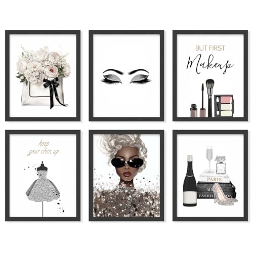 97 Decor Glam Grey Fashion Wall Decor - 6 Pcs Makeup Posters, Silver...