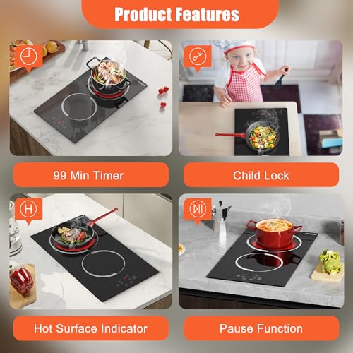 Image of 2 Burner Electric Cooktop - 12 Inch 3000W Built-in Ceramic Cooktop, Two Burner Electric Stove Top with Metal Frame Protection, 9 Heating Level, 220-240V Hard Wire(No Plug)
