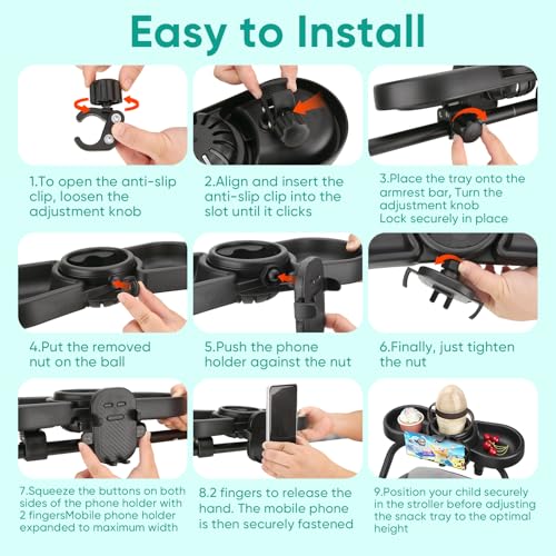 Miniatura 10 de Bandeja Para Cochecito De Bebé 4 En 1, Bandeja Universal Para Cochecito Con Portabocadillos Y Soporte Para Móvil Accesorio Removable Con Rotación 360 Para Cochecitos Con Reposabrazos