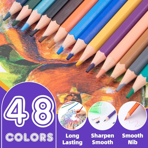 WISYOK Buntstifte Set 48 Farben, Sechseckige Farbstifte, Holzstifte, Colored Pencils im Kartonetui für Schulanfänger