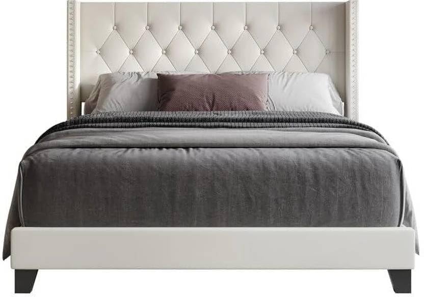 Image of Custom Decor Fabric Upholstered King Size Bed with Button Tufted Headboard for Bedroom || Solid Wood Bed | (White Cassius, King (U.K. Standard))