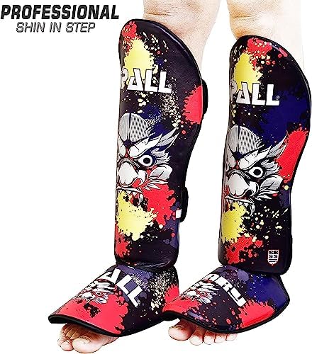 Spall Pro US Muay Thai Shin Guards for Kickboxing Martial Arts BJJ Boxing Equipment MMA Training and Sparring Leg Guard with Instep Protection Pads Scary (Blue, XS)