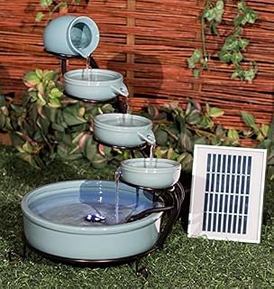 Primrose 50cm Myrtos Turquoise Solar Ceramic Cascade Water Feature with Battery Backup and LED Lights