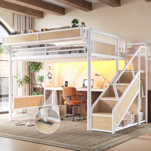 Image of Bellemave Queen loft Bed with Storage Stairs, Wardrobe, Shelves, Metal Queen Loft Bed Frame for Adults, Kids, Teens, White+Natural Wood with Stairs