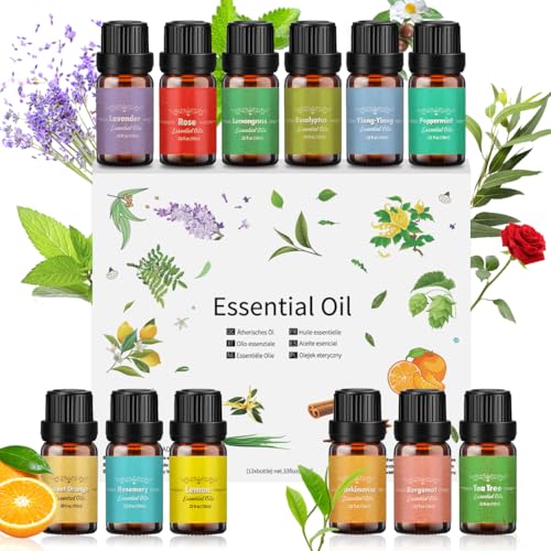 Ätherische Öle Set 12 x 10 ml, 100% naturreines Aromatherapie Duftöl Geschenkset für Diffuser, Luftbefeuchter, SPA, Seife & Kerzen - Rosmarin, Weihrauch, Ylang-Ylang, Bergamotte, Eukalyptus