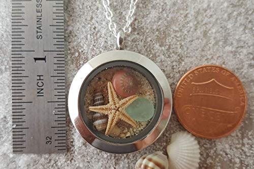 Hawaii Stainless Steel Memory Locket, 25Mm, Natural Sea Glass, Beach Sand, A Starfish, An Auger Shell And A Button Shell, (Hawaii Gift Wrapped, Customizable Gift Message) #TOP2