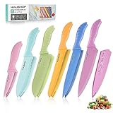 HAUSHOF Kitchen Knife Set, 12-Piece Colorful Knives Set with 6 Sheaths for Kitchen, Non-Stick Coated Stainless Steel Blades for Slicing, Dicing&Cutting, Gifts Knife Set for Dad, Mom, Husband and Wife