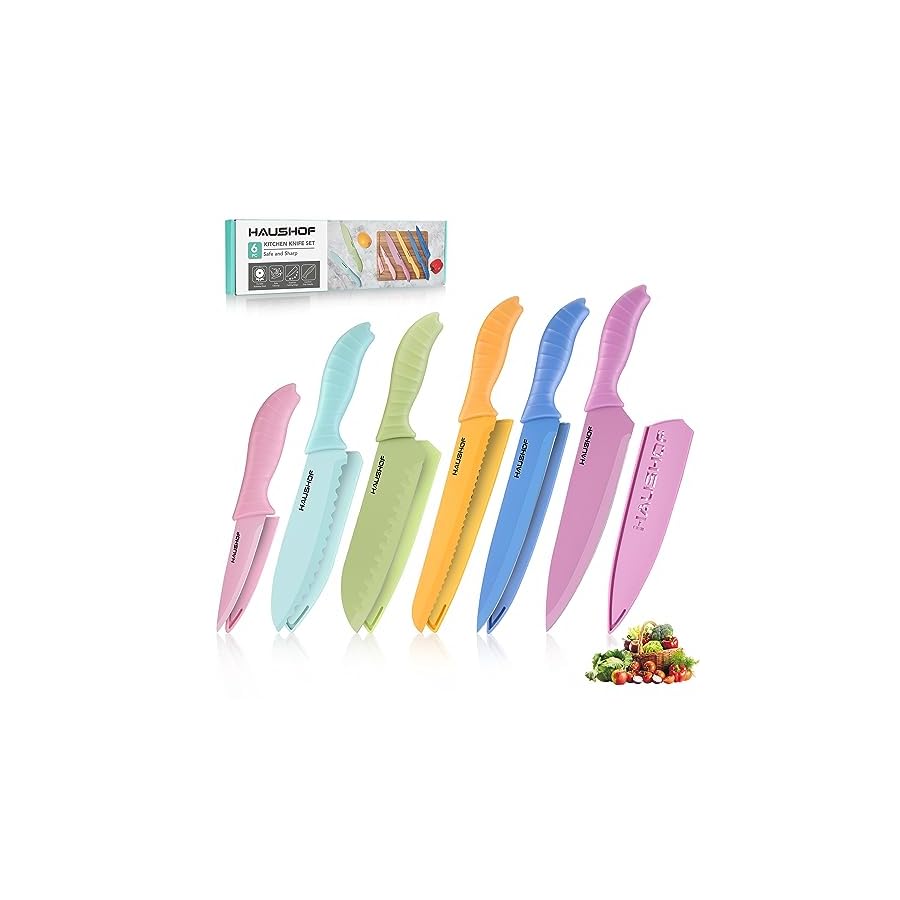 HAUSHOF Kitchen Knife Set, 12-Piece Colorful Knives Set with 6 Sheaths for Kitchen, Non-Stick Coated Stainless Steel Blades for Slicing, Dicing&Cutting, Gifts Knife Set for Dad, Mom, Husband and Wife