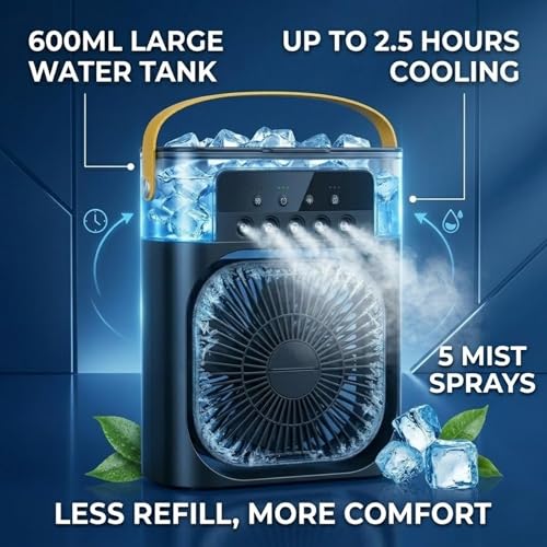 Image of Drumstone 5-in-1 Portable Air Cooler with Humidifier & LED Light, Personal Mini AC Fan with Water Tank, Ice Cooling Technology, Adjustable Speed, Compact Air Cooler for Home, Bedroom, Office