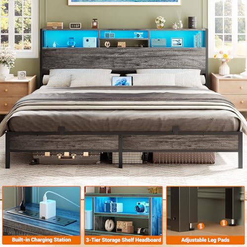 Image of Aheaplus Headboard for King Size Bed with Storage, Headboards with Outlets | King Size Head Board Only, USB Ports and LED Light, Height Adjustable, Reversible, Sturdy and Stable Headboard, Black Oak