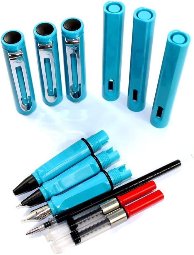 Stifte, Gelschreiber, Kugelschreiber, 3 Stück Kunststoffstifte, 1 Stück Füllfederhalter, 1 Stück feine Feder und 1 Stück Tintenroller mit Stiftbox – Gelb (Farbe: Himmelblau)