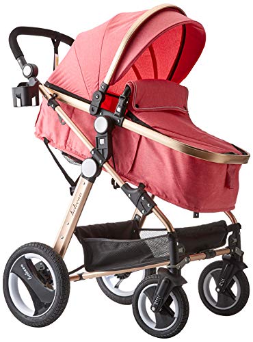 Belecoo Baby Stroller for Newborn and Toddler - Convertible Bassinet Stroller Compact Single Baby Carriage Toddler Seat Stroller Luxury Stroller with Cup Holder (Linen Rose W/ Gold Frame)