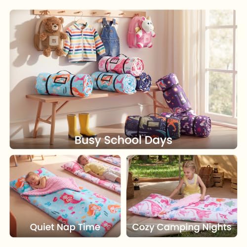 Image of JOIEDOMI Toddler Nap Mat with Removable Pillow and Minky Blanket 55''x30'' Kids Sleeping Bag for Boys and Girls Ages 3-6 Roll Up Soft Nap Mats for Preschool Kindergarten Daycare Sleepover