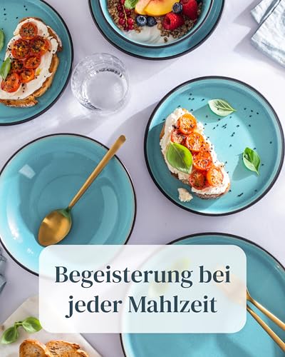 Steingut Geschirrset 6 Personen Ibiza 24 tlg. TESTSIEGER, Traumhaftes Mediterranes Steingut Geschirr Set, Schüssel- und Teller Set, Tafelservice 6 Personen, Geschirrsets Pure Living in Aquamarin