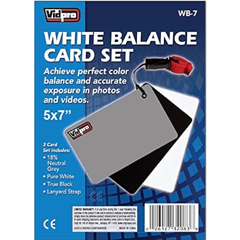 Vidpro WB-7 5"x7" Inch White Balance 3 Card Set with Lanyard Strap- Grey, Black, White in Blister Cover