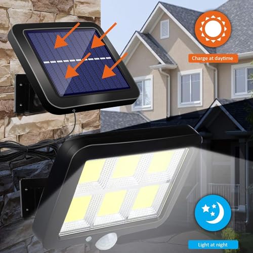 Image of Solar Wall Light with Motion Sensor, 120 LED Outdoor Security Light, No Wiring Required, Separate Solar Panel & 5M Cable, IP65 Waterproof, 3 Lighting Modes for Garden, Porch, Gate & Pathway