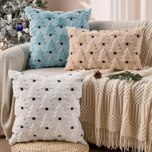 Image of Allorry Christmas Pillow Covers 16x16 inch Set of 2 Blue Christmas Decorations Soft Plush Faux Fur Wool Christmas Tree Throw Pillow Cases Winter Holiday Decor for Sofa Living Room PT002F16