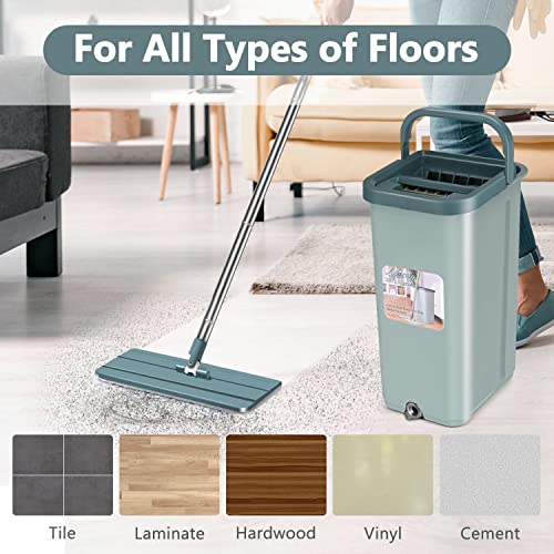 Floor Mop And Bucket Set, Aifacay Flat Mop Bucket System Flexible Mop Head 8 Reusable Microfiber Pads Home Hardwood Floor Mop Bucket With Wringer Extended Stainless Steel Handle Mop For Wood, Vinyl #TOP5