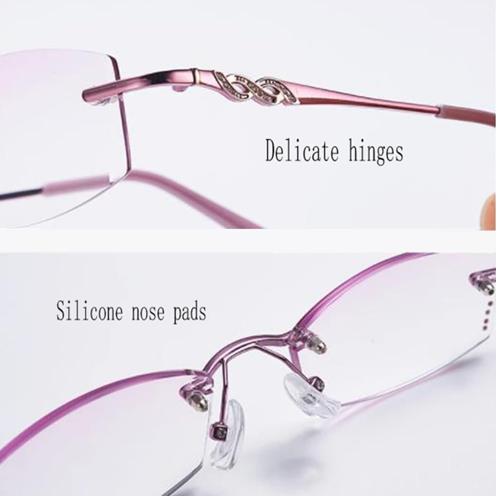 Gafas De Lectura Sin Marco Mujeres Moda Gafas de computadora Corte de diamante Gafas Anti Glare Metal Morado Templos +3.0