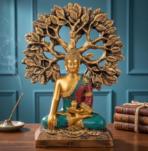 Image of Meditating Buddha Statue Under Bodhi Tree for Home Decor - Golden Gautama Buddha Figurine for Living Room, Office & Vastu (Golden, Red, Blue)