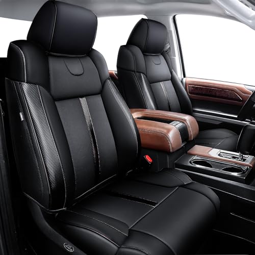Image of Carlimeki Leather Seat Covers Custom Fit for Tundra 2014-2021 CrewMax | Fits SR, SR5, Limited, Platinum, 1794 Edition, TRD Pro, Capstone - Carbon Fiber - Premium Leather Fully Covered