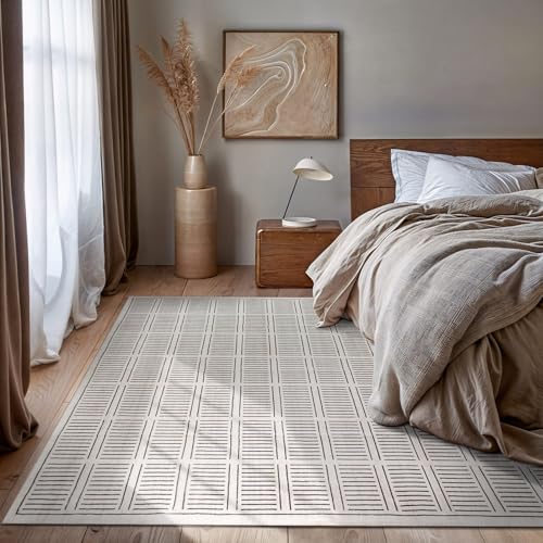 Rugshop Bohemian Stripe Lines Washable Non Slip Area Rug 8' x 10' Ivory