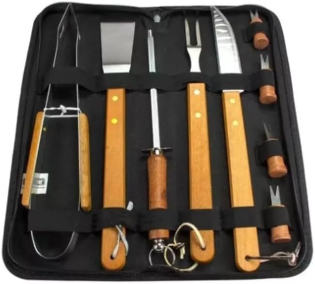 Kit Churrasco Completo 10 Peças com Bolsa Aço Inox e Cabo de Made...