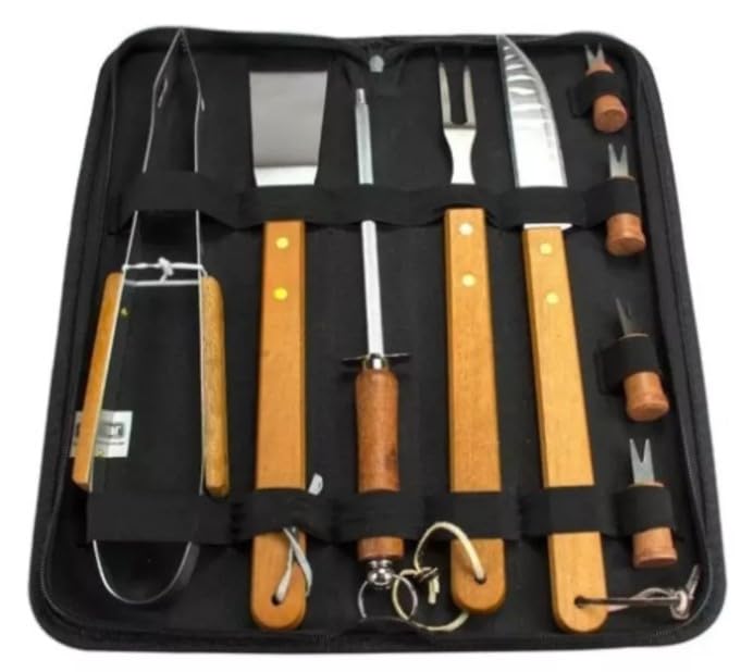 Kit Churrasco Completo 10 Peças com Bolsa Aço Inox e Cabo de Made...