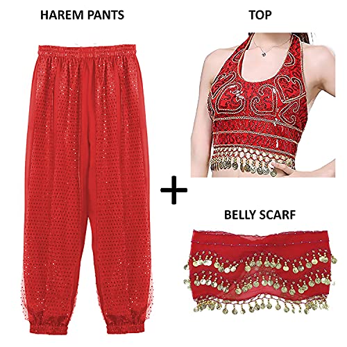 Image of VRITRAZ Women's Chiffon Belly Dance Chiffon Top, Harem Pants and Hip Scarf Ringy Golden Coins Fancy Pants