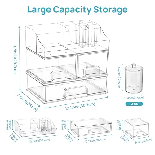 Image of Vtopmart 8 PCS Bathroom Countertop Organizer, 1 Divided Tray with 4 Qtip Holder Jars and 3 Drawers, Restroom Clear Organizers for Toothbrush, Cotton Pads, Vanity Accessories Storage Set