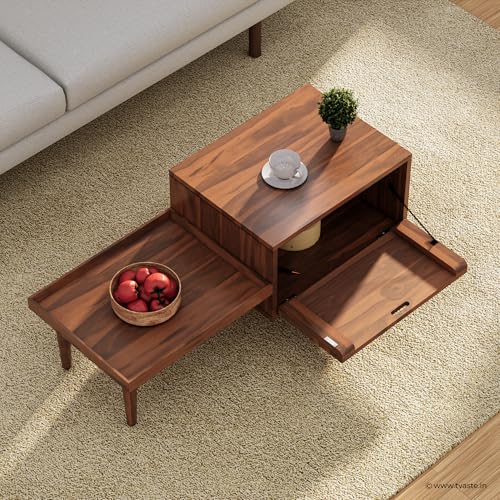 Image of KOVA Solid Sheesham Wood Coffee Table & Centre Table for Living Room with Lift-Down Shutter Storage and Open Side Tray (Wavy, Honey Finish)