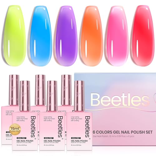 Image of Beetles Jelly Gel Polish Set, 6 Colors HEMA-Free Summer Neon Gel Polish Yellow Pink Red Blue Purple Orange 15ML Full Size Full Size Sheer Translucent Effect Soak Off UV Colorful Bottle Gel Gifts