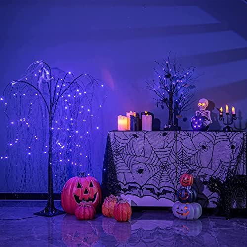 EAMBRITE 2FT Black Halloween Tree with Bats Purple Lights Battery Operated Spooky Decorations Indoor Small Twig Tree Gifts for Kids