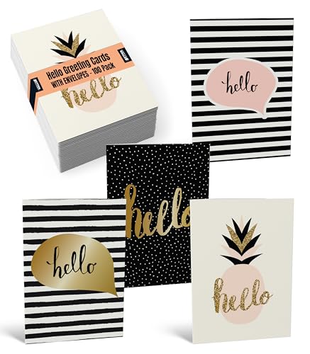 Better Office Products Hello Greeting Cards, All Occasion Card, 4 x 6 inch, 4 Elegant Cover Designs, Blank Inside, Thinking of You Cards, Hello Note Cards, with Envelopes, 100 Pack
