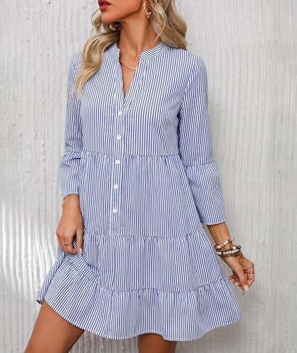 Image of Opemiby Summer Dresses for Women 2026 Flowy Ruffle 3 /4 Sleeve V Neck Tiered Casual Babydoll Boho Beach Mini Dress