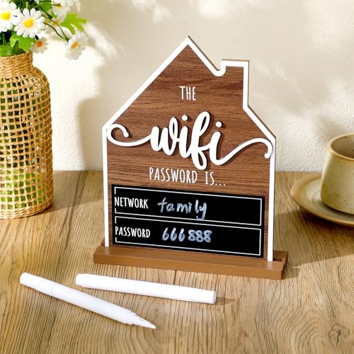 Yulejo WiFi Pattern Password Sign for Guests Home Wooden Table WiFi Pattern Sign Wooden with Board Erasable Pen Chalkboard Table Centerpieces Decoration for Home Business (Brown)